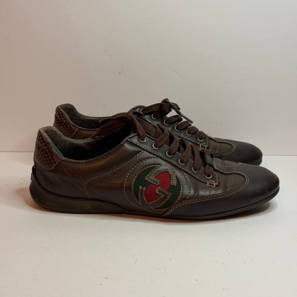 Gucci Brown Leather Sneakers Interlocking GG Logo Size 36